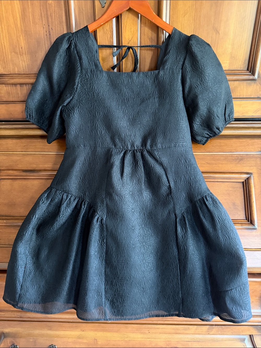 GB girls Black Textured Puff-Sleeve Square-Neck Dress